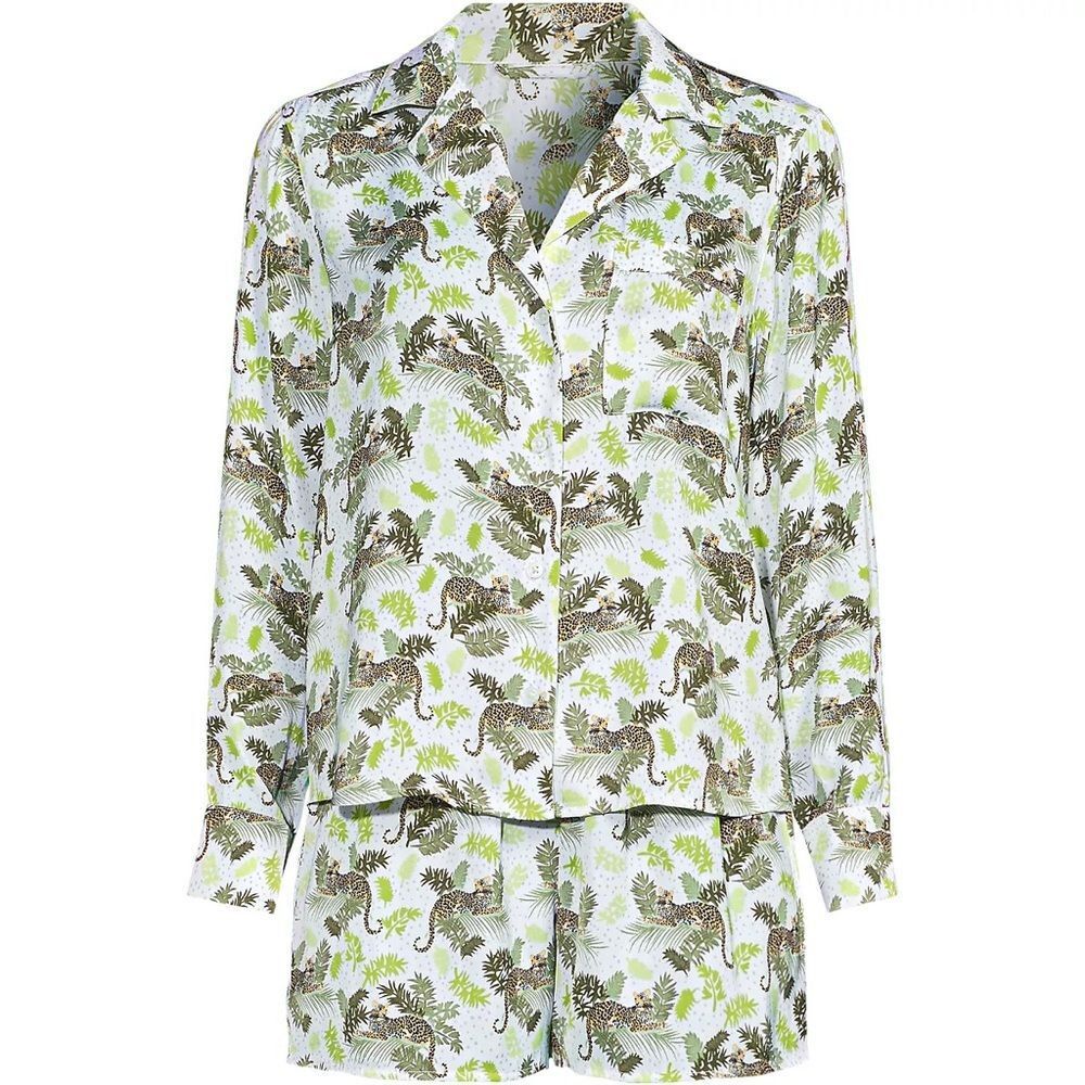 Lands End Matte Satin Pajama Set 2pc White Leopard 3X Long Sleeve Top Shorts